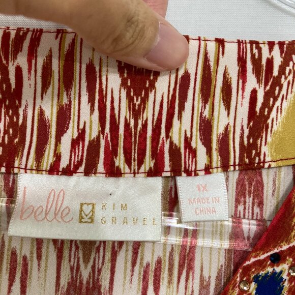 Belle Kim Gravel Size 1X Multi Color Boho Artsy Print V Neck Stretch knit Top - Picture 2 of 8